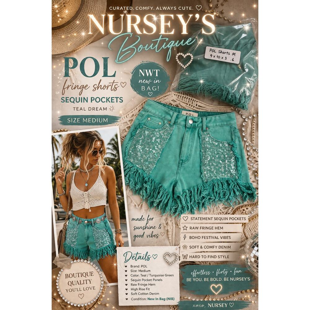 POL Teal Fringe Shorts Sequin Pockets Boho Festival NWT Medium